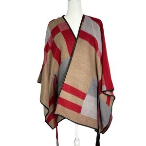 Color Block Shawl Wrap Open Front Poncho Knit Cape Beige/Wine Red OS